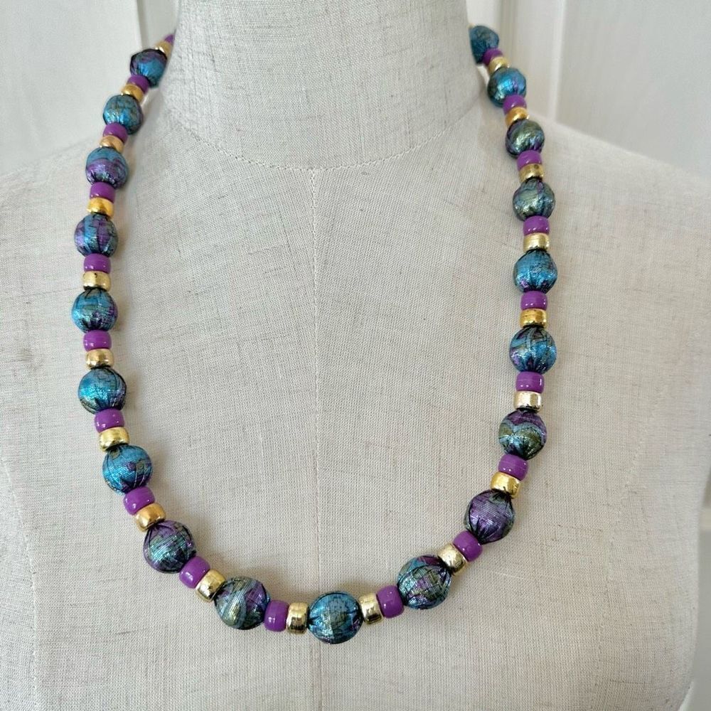 Blue purple and gold ribbon beaded necklace